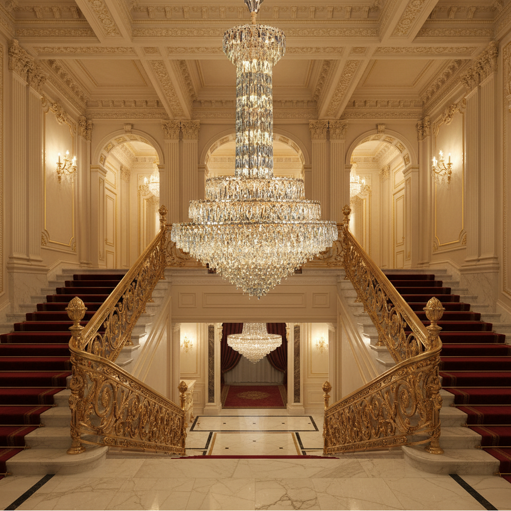 Candelabru Cristal GRAND 87xE14, D138 cm, Auriu, Inaltime Reglabila, Metal si Cristal Candelabre Cristal Default Title Alessandro Design