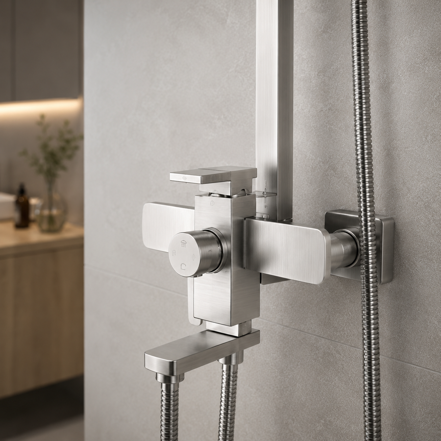 SET Coloana de dus cu baterie, Inox, para patrata, efect ploaie, 3 functii, montare pe perete, Satinat, Accesorii Incluse, LY005 Baterii & Coloane de Duș Default Title Alessandro Design