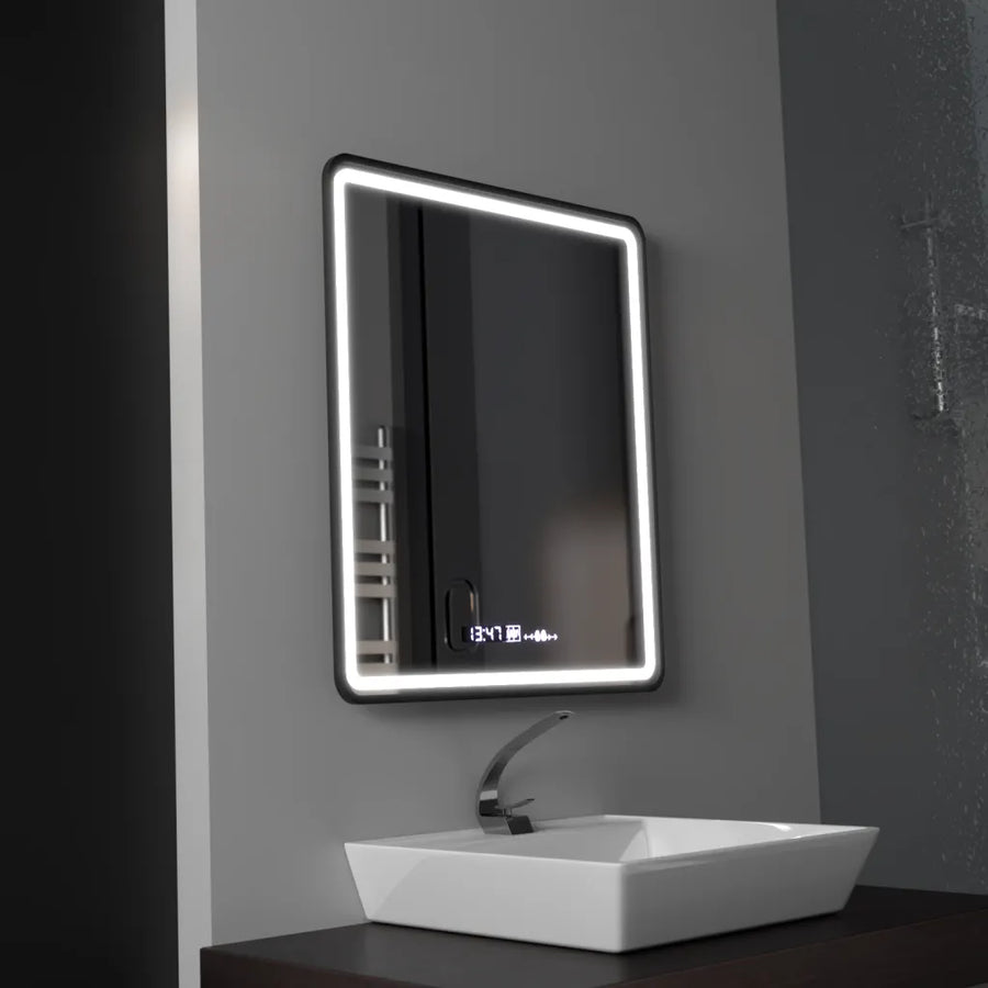 Obdĺžnikové LED zrkadlo, 75x90cm, Favola MotionGlow Marcello, Demister System, Hodiny & Teplomer, Stmievateľné