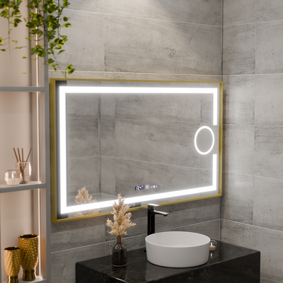 Obdĺžnikové LED zrkadlo, 110x65cm, Eclat MotionGlow Marcello, Demister System, Hodiny & Teplomer, Kozmetická lupa, Stmievateľné, Rám z brúseného zlata