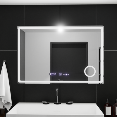Obdĺžnikové LED zrkadlo, 90x60cm, Velur MotionGlow Marcello, Demister System, Hodiny & Teplomer, Kozmetická lupa, Stmievateľné