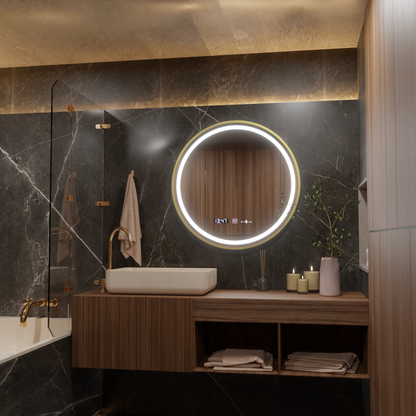 Oglinda LED Rotunda, 80cm, Celeste Royale Gold MotionGlow Marcello, Sistem Dezaburire, Ceas & Termometru, Dimabila Oglinzi Marcello Default Title Alessandro Design