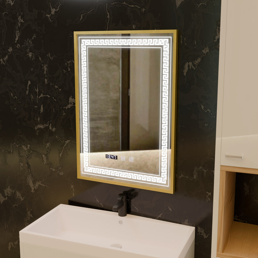 Oglinda LED Touch Bruno Sistem Dezaburire, Ceas si Temperatura 60x80 cm Rama Auriu Brushed, S84/60X80 Oglinzi Korman S Default Title Alessandro Design