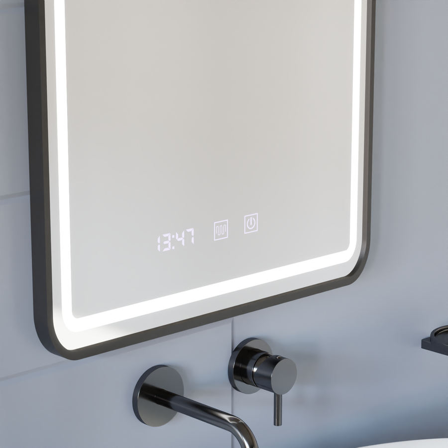 Oglinda LED Touch LUCIDA Sistem Dezaburire, Ceas si Temperatura 60x80 cm Rama Negru Brushed Oglinzi Korman S Default Title Alessandro Design