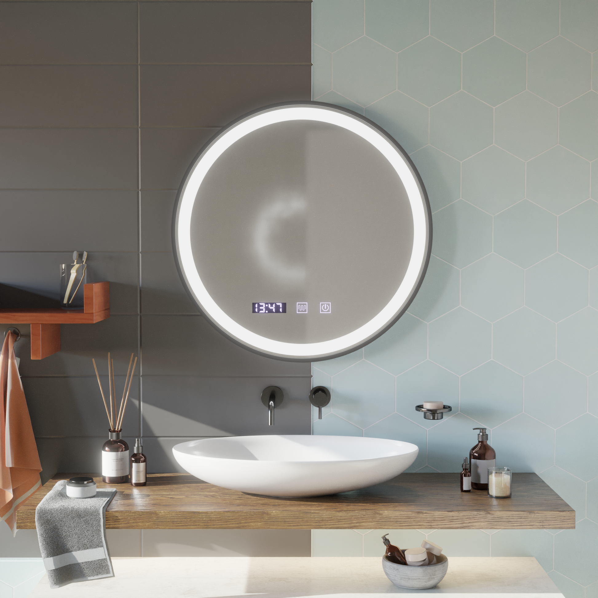 Oglinda LED Touch NOVARA Sistem Dezaburire, Ceas si Temperatura 80 cm Rama Negru Brushed Oglinzi Korman S Default Title Alessandro Design