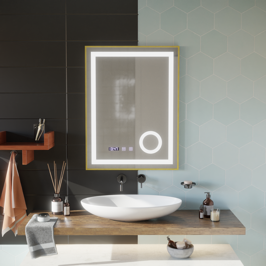 Oglinda LED Touch CLARUS Sistem Dezaburire, Ceas si Temperatura 60x80 cm Rama Auriu Brushed Lupa Cosmetica Oglinzi Korman S Default Title Alessandro Design