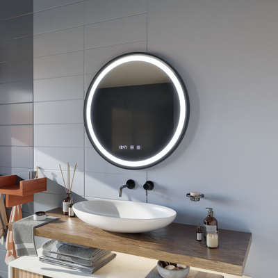 Zrkadlo LED Touch NOVARA odhmlievací systém, hodiny a teplota 60 cm brúsený čierny rám
