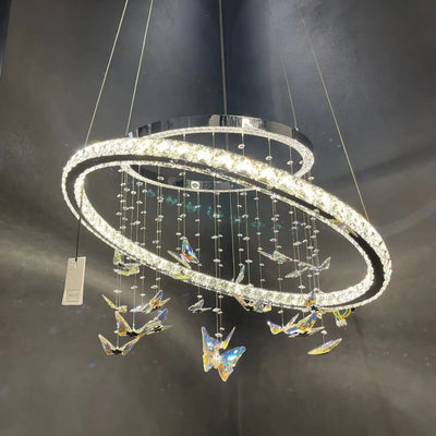 Závesný LED luster s diaľkovým ovládaním a kryštálom 50W, 2 kruhy, studené/teplé/neutrálne svetlo, stmievateľné, lesklý chróm, nastaviteľná výška