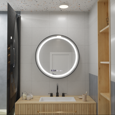 LED okrúhle zrkadlo, 80 cm, Celeste Majesté Noir MotionGlow Marcello, Demister System, Hodiny & Teplomer, Stmievateľné