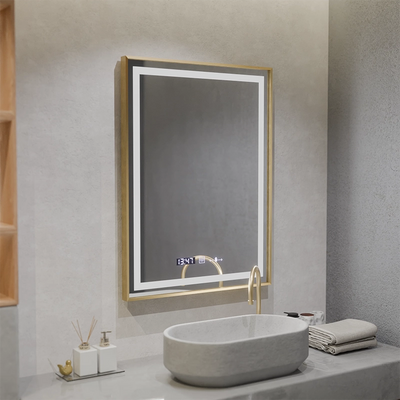 Obdĺžnikové LED zrkadlo, 60x80cm, Verite Royale Gold MotionGlow Marcello, Demister System, Hodiny & Teplomer, Stmievateľné