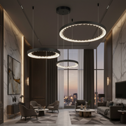 Závesný LED luster s diaľkovým ovládaním, K9 Crystals, 80W, 3 kruhy, studené/teplé/neutrálne svetlo, stmievateľné, čierne, výškovo nastaviteľné