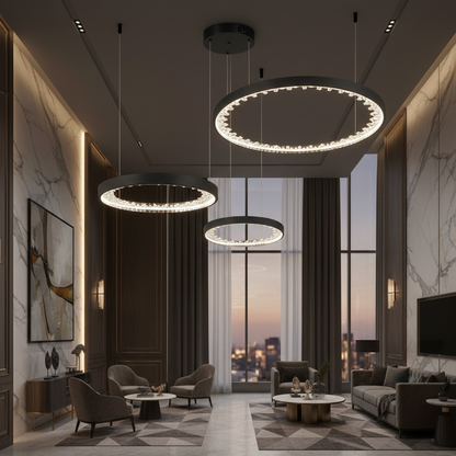 Závesný LED luster s diaľkovým ovládaním, K9 Crystals, 80W, 3 kruhy, studené/teplé/neutrálne svetlo, stmievateľné, čierne, výškovo nastaviteľné