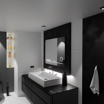 Obdĺžnikové LED zrkadlo, 80x60cm, Harmonie MotionGlow Marcello, Demister System, Teplomer a hodiny, Kozmetická lupa, Stmievateľné