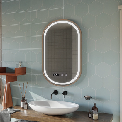 Konrad LED Touch Mirror Demist System, hodiny a teplota 50x80 cm brúsený zlatý rám, teplé neutrálne studené svetlo 3000K/4000K/6000K