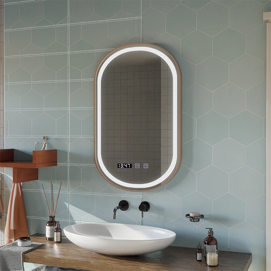 Konrad LED Touch Mirror Demist System, hodiny a teplota 50x80 cm brúsený zlatý rám, teplé neutrálne studené svetlo 3000K/4000K/6000K