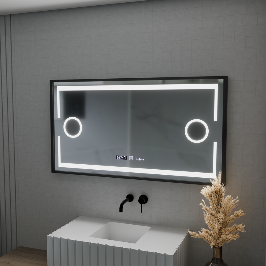 Oglinda LED Senzor MotionGlow Domingo cu functie Dezaburire Termometru Ceas 120x65 cm Lumina Rece/Calda/Neutra Dimabila, Rama Negru Brushed, colectia Marcello Funghi Oglinzi Marcello Default Title Alessandro Design