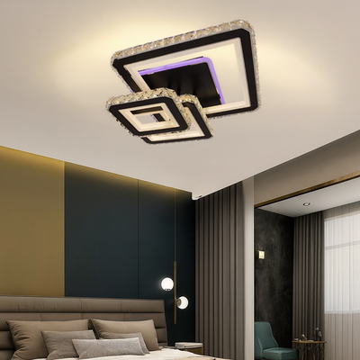 LED luster s diaľkovým ovládaním a krištáľom LEILA 88W, 3 štvorce, studené/teplé/neutrálne svetlo, stmievateľné, lesklý čierny chróm