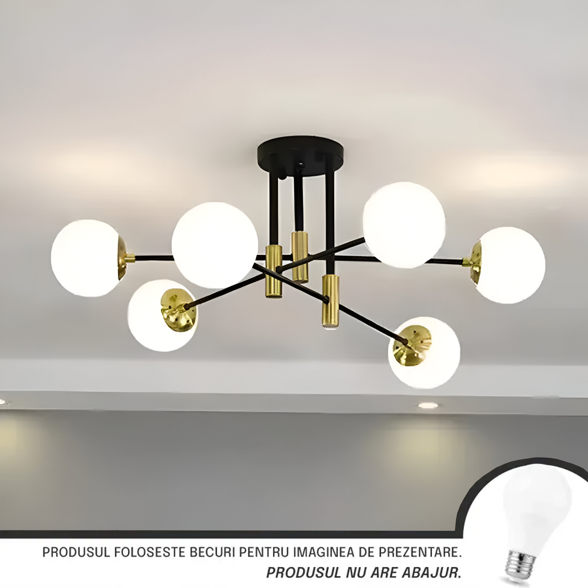 Lustra cu Glob Alb Rotund, PENTHOUSE Lounge, 6xE27, Negru / Auriu, Metal Lustre Moderne Default Title Alessandro Design