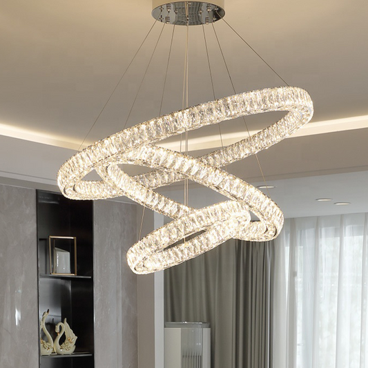 Lustra LED suspendata cu telecomanda si cristal CAYDEN 200W, 3 Cercuri, lumina Rece/Calda/Neutra, Dimabila, Crom Lucios, Inaltime Reglabila Lustra LED Default Title Alessandro Design