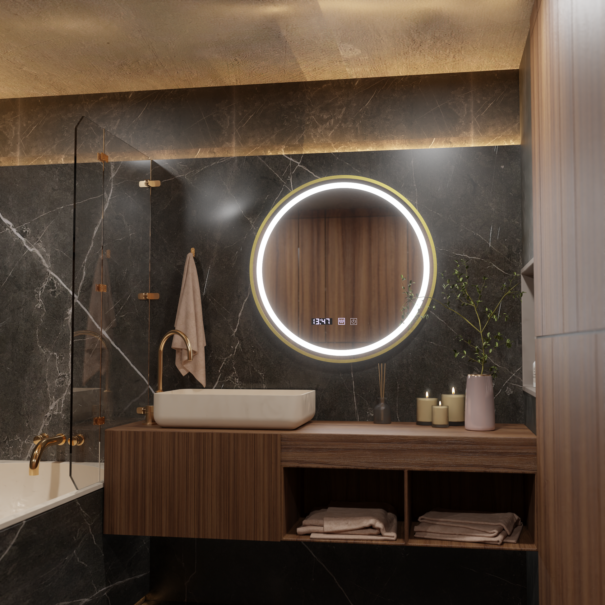 Oglinda LED Touch LUSSO, Sistem Dezaburire, Ceas si Temperatura, Diametru 60cm, Rama Auriu Brushed, Lumina Calda Rece Neutra 3000K/4500K/6000K, Dimabila Oglinzi Korman S Default Title Alessandro Design