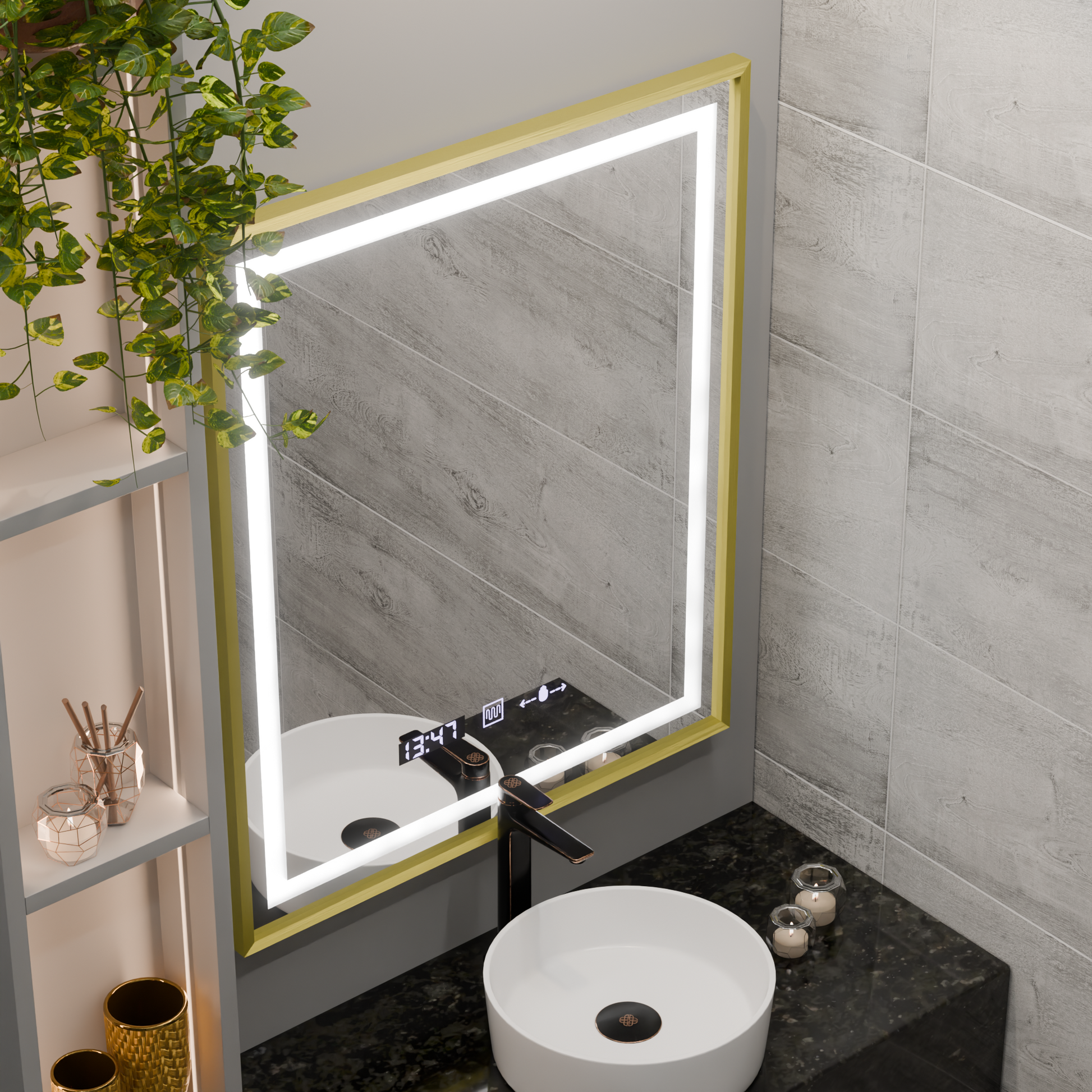 Oglinda LED Rectangulara, 75x90cm, Verite Royale Gold MotionGlow Marcello, Sistem Dezaburire, Ceas & Termometru, Dimabila Oglinzi Marcello Default Title Alessandro Design