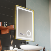 Oglinda LED Touch CLARUS Sistem Dezaburire, Ceas si Temperatura 60x80 cm Rama Auriu Brushed Lupa Cosmetica Oglinzi Korman S Default Title Alessandro Design