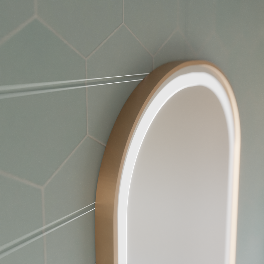 Oglinda LED Touch Konrad Sistem Dezaburire, Ceas si Temperatura 50x80 cm Rama Auriu Brushed, Lumina Calda Neutra Rece 3000K/4000K/6000K Oglinzi Korman S Default Title Alessandro Design