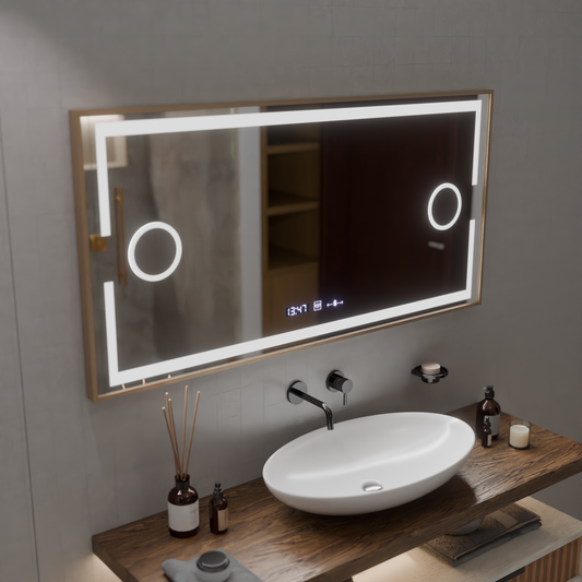 Oglinda LED Senzor MotionGlow Sofia cu functie Dezaburire Termometru Ceas 110x65 cm Lumina Calda/Rece/Neutra Dimabila,Rama Rose Gold, Colectia Marcello Funghi Oglinzi Marcello Default Title Alessandro Design