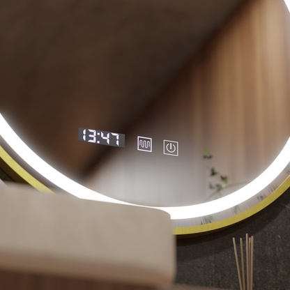 Oglinda LED Touch LUSSO Sistem Dezaburire, Ceas si Temperatura, 70 cm, rama Auriu Brushed Oglinzi Korman S Default Title Alessandro Design