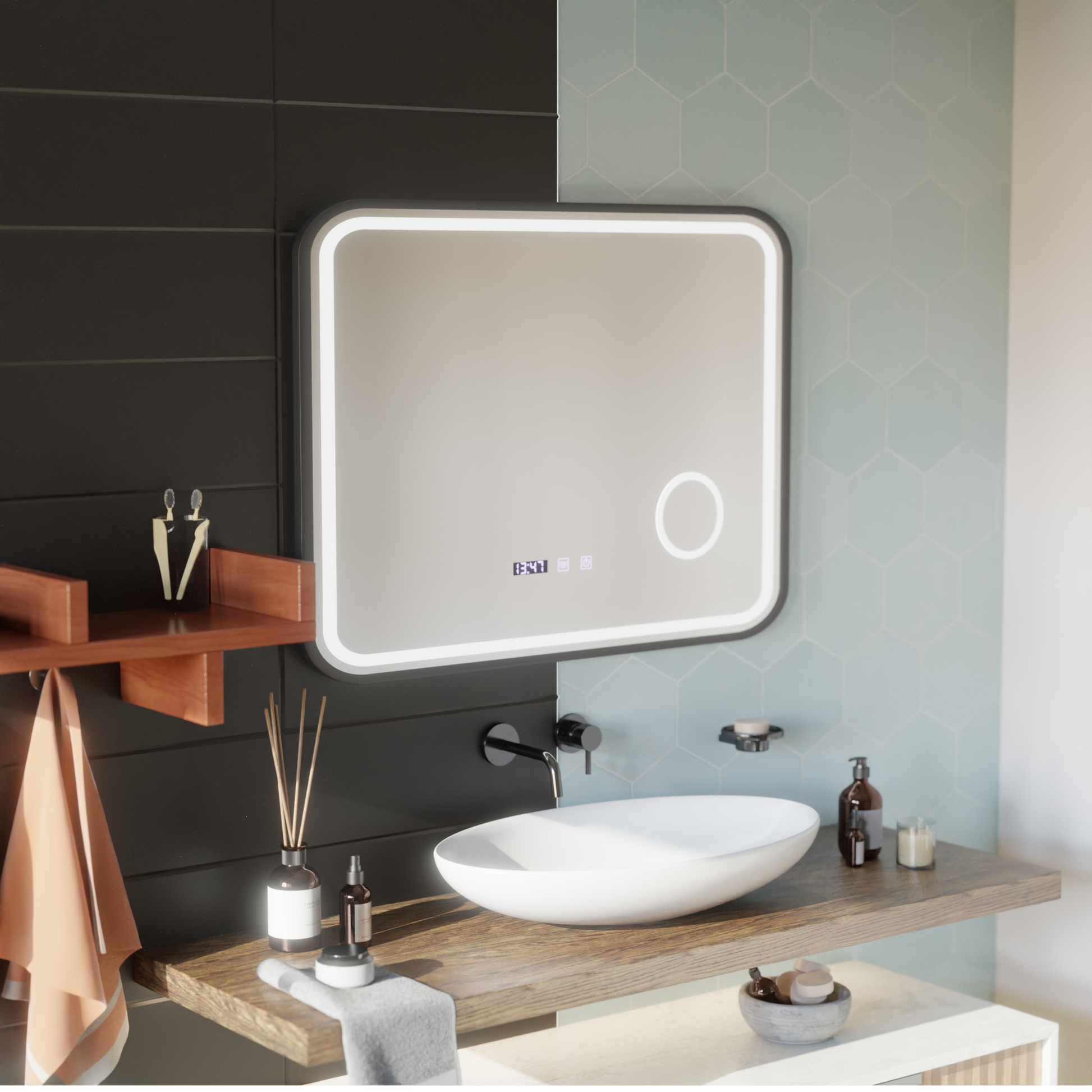 Oglinda LED Touch Bernd Sistem Dezaburire, Ceas si Temperatura 80x60 cm Rama Negru Brushed Lupa Cosmetica Oglinzi Korman S Default Title Alessandro Design