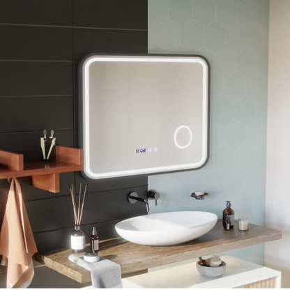 Oglinda LED Touch Bernd Sistem Dezaburire, Ceas si Temperatura 80x60 cm Rama Negru Brushed Lupa Cosmetica Oglinzi Korman S Default Title Alessandro Design