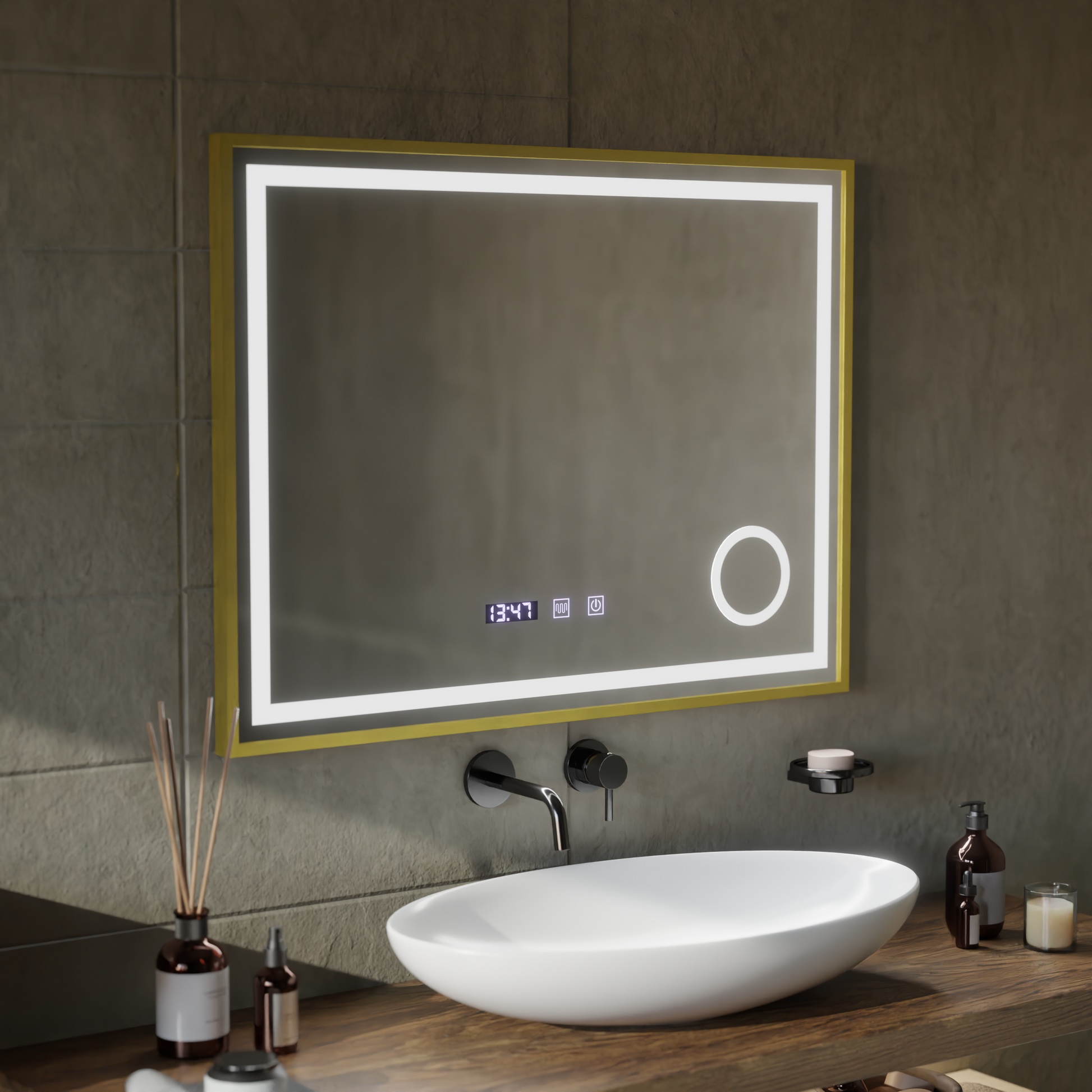 Oglinda LED Touch CLARUS Sistem Dezaburire, Ceas si Temperatura 80x60 cm Rama Auriu Brushed Lupa Cosmetica Oglinzi Korman S Default Title Alessandro Design