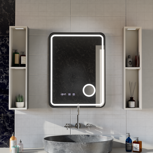 Oglinda LED Touch Ulrich Sistem Dezaburire, Ceas si Temperatura 75x90 cm Rama Negru Brushed Lupa Cosmetica Oglinzi Korman S Default Title Alessandro Design