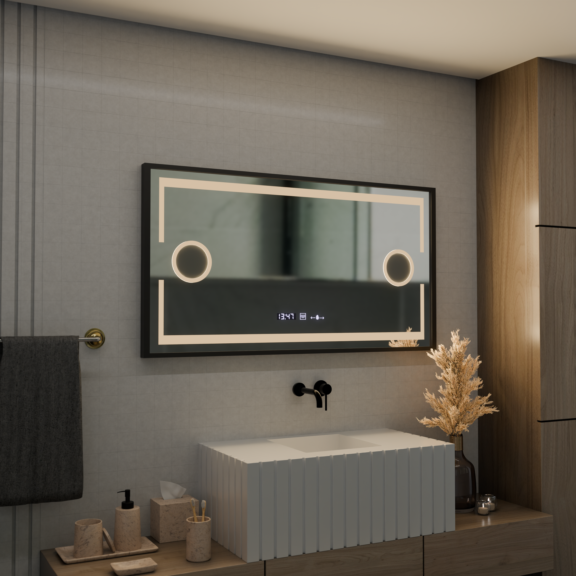 Oglinda LED Senzor MotionGlow Domingo cu functie Dezaburire Termometru Ceas 120x65 cm Lumina Rece/Calda/Neutra Dimabila, Rama Negru Brushed, colectia Marcello Funghi Oglinzi Marcello Default Title Alessandro Design