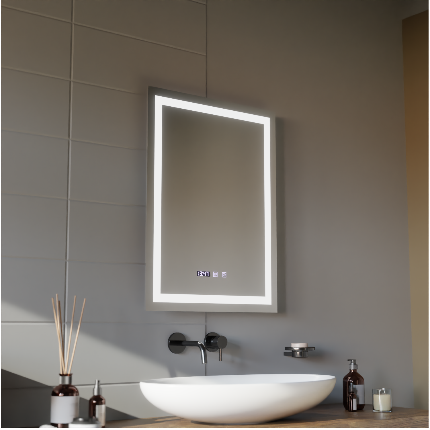 Oglinda LED Touch MODENA Sistem Dezaburire, Ceas si Temperatura 60x80 cm Oglinzi Korman S Default Title Alessandro Design