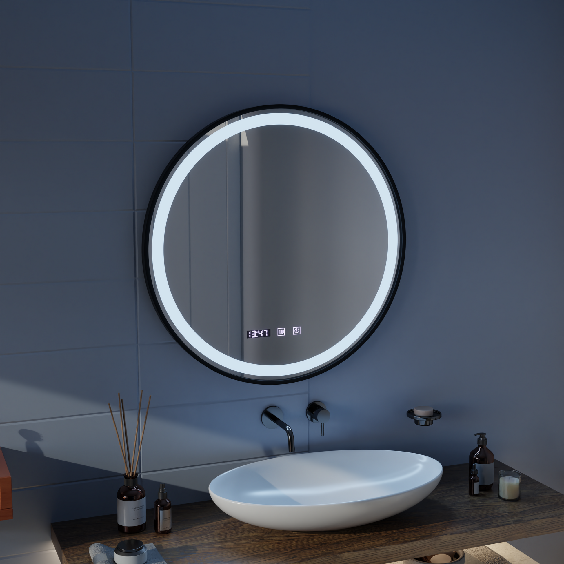 Oglinda LED Touch NOVARA Sistem Dezaburire, Ceas si Temperatura 50 cm Rama Negru Brushed Oglinzi Korman S Default Title Alessandro Design