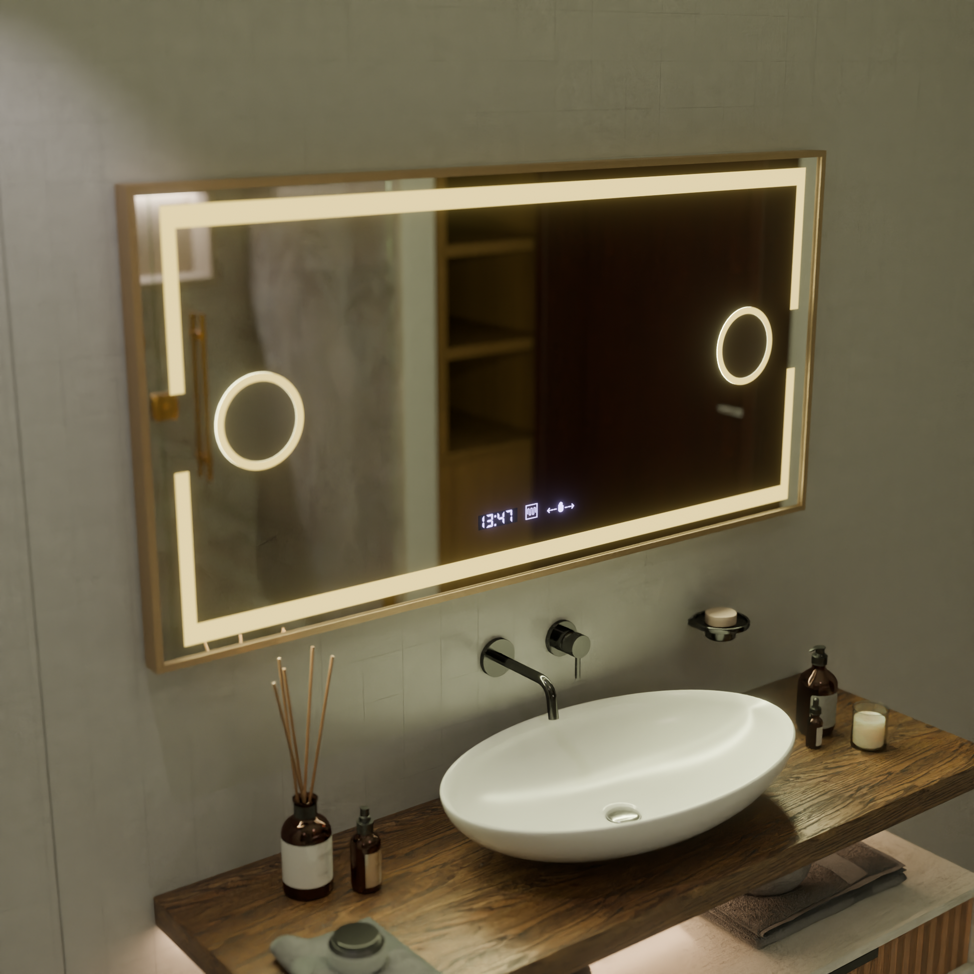 Oglinda LED Senzor MotionGlow Sofia cu functie Dezaburire Termometru Ceas 110x65 cm Lumina Calda/Rece/Neutra Dimabila,Rama Rose Gold, Colectia Marcello Funghi Oglinzi Marcello Default Title Alessandro Design