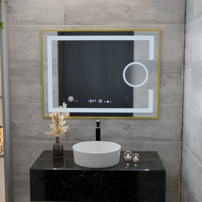 Oglinda LED Rectangulara, 80x60cm, Eclat MotionGlow Marcello, Sistem Dezaburire, Ceas & Termometru, Lupa Cosmetica, Dimabila, Rama Auriu Brushed Oglinzi Marcello Default Title Alessandro Design