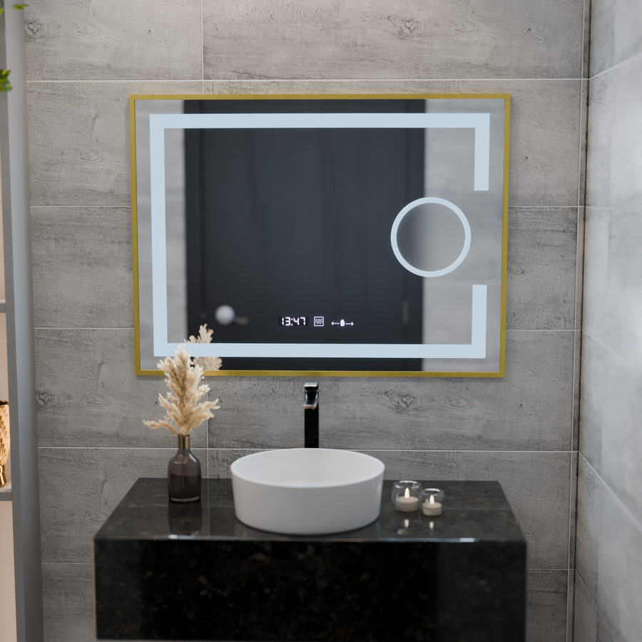Oglinda LED Rectangulara, 80x60cm, Eclat MotionGlow Marcello, Sistem Dezaburire, Ceas & Termometru, Lupa Cosmetica, Dimabila, Rama Auriu Brushed Oglinzi Marcello Default Title Alessandro Design