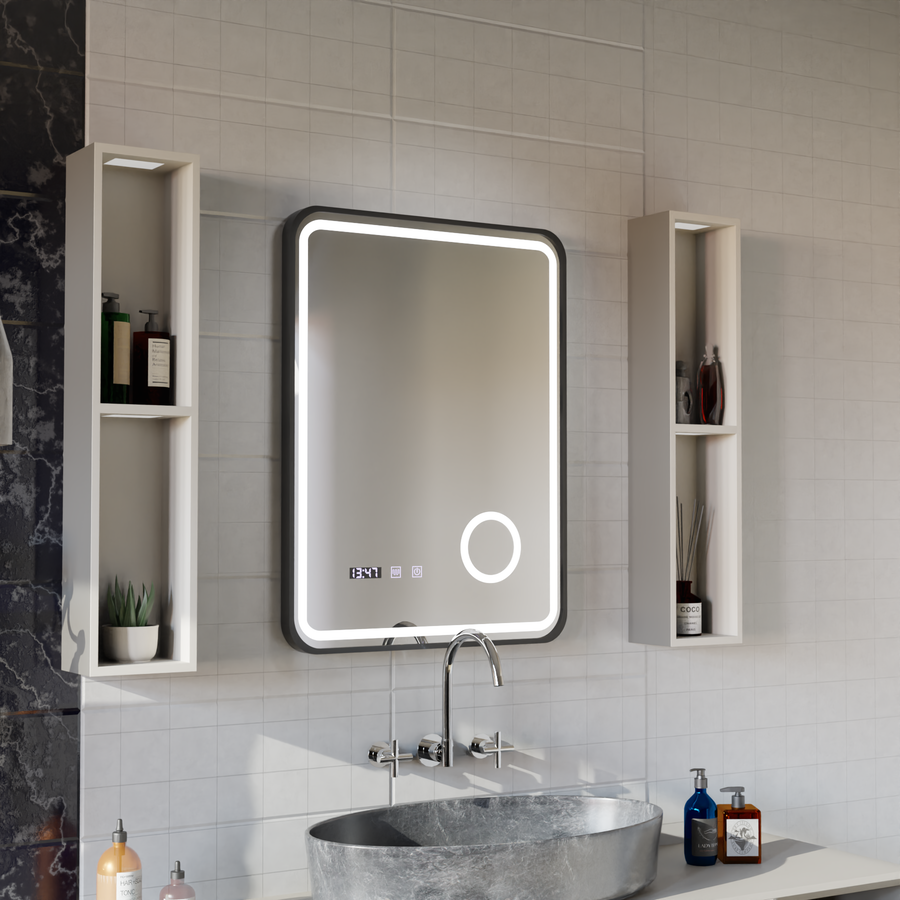 Oglinda LED Touch Ulrich Sistem Dezaburire, Ceas si Temperatura 75x90 cm Rama Negru Brushed Lupa Cosmetica Oglinzi Korman S Default Title Alessandro Design