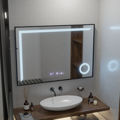 LED zrkadlový senzor MotionGlow Sofia s funkciou odhmlievania Teplomer Hodiny 110x75 cm Teplé/Studené/Neutrálne svetlo Stmievateľné, Rám brúsený čierny, Kolekcia Marcello Funghi