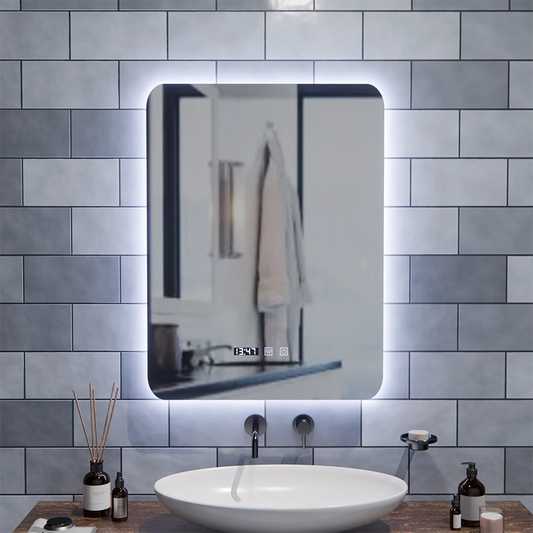 ARTAR dotykové obdĺžnikové LED zrkadlo, 60x80cm, odhmlievací systém, stmievateľné, hodiny a teplota, teplé neutrálne studené svetlo 3000K/4000K/6000K