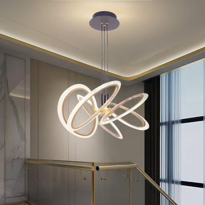 Závesný LED luster s diaľkovým ovládaním RIMINI 86W, 5 prvkov, studené/teplé/neutrálne svetlo, stmievateľné, zlaté