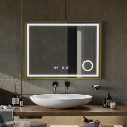 Oglinda LED Touch CLARUS Sistem Dezaburire, Ceas si Temperatura 80x60 cm Rama Auriu Brushed Lupa Cosmetica Oglinzi Korman S Default Title Alessandro Design