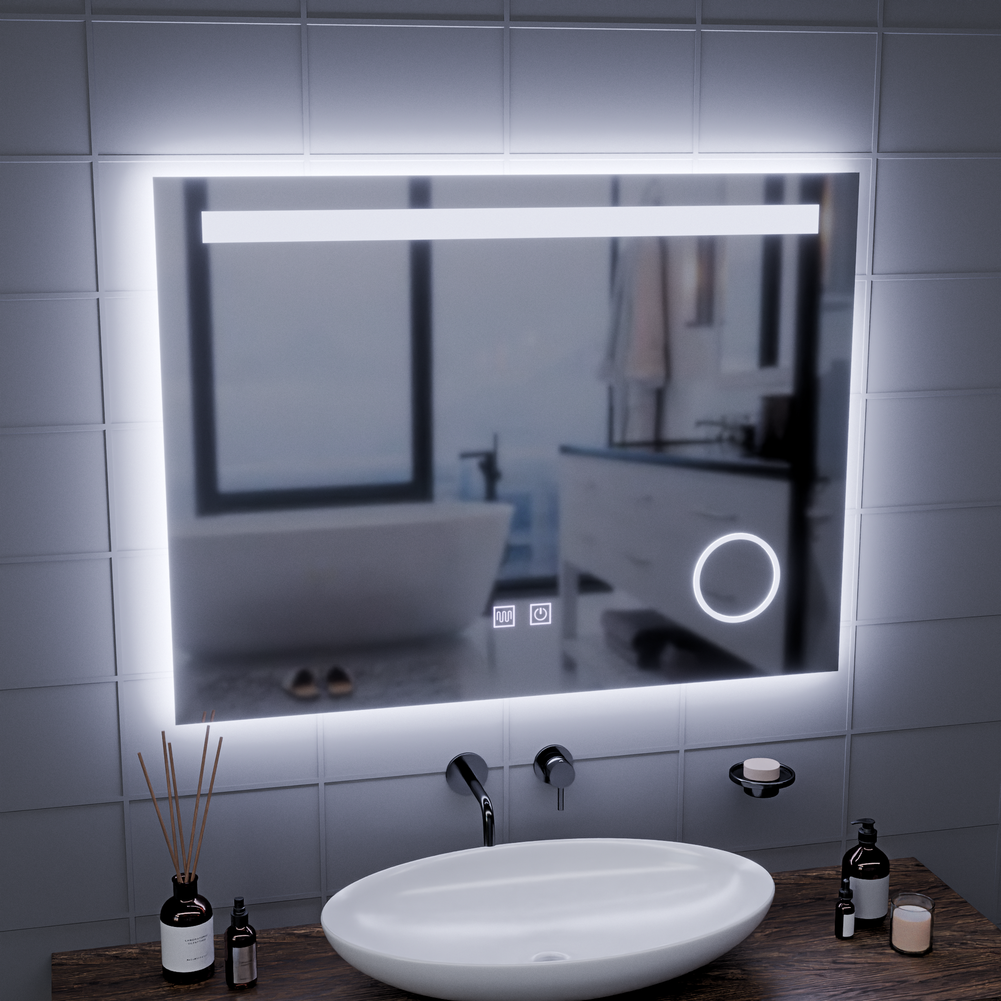 Oglinda LED Rectangulara, 80x60cm, Piano Touch, Sistem Dezaburire, Dimabila, Lumina Rece 6000K Oglinzi Korman E Default Title Alessandro Design