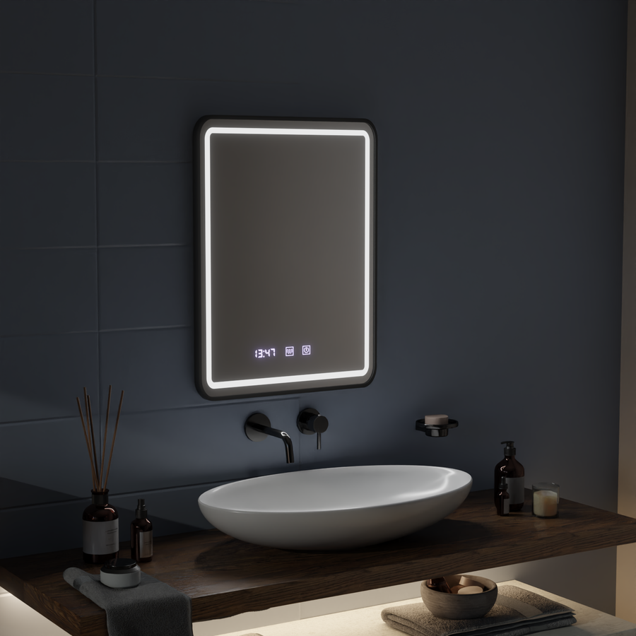 Oglinda LED Touch LUCIDA Sistem Dezaburire, Ceas si Temperatura 60x80 cm Rama Negru Brushed Oglinzi Korman S Default Title Alessandro Design
