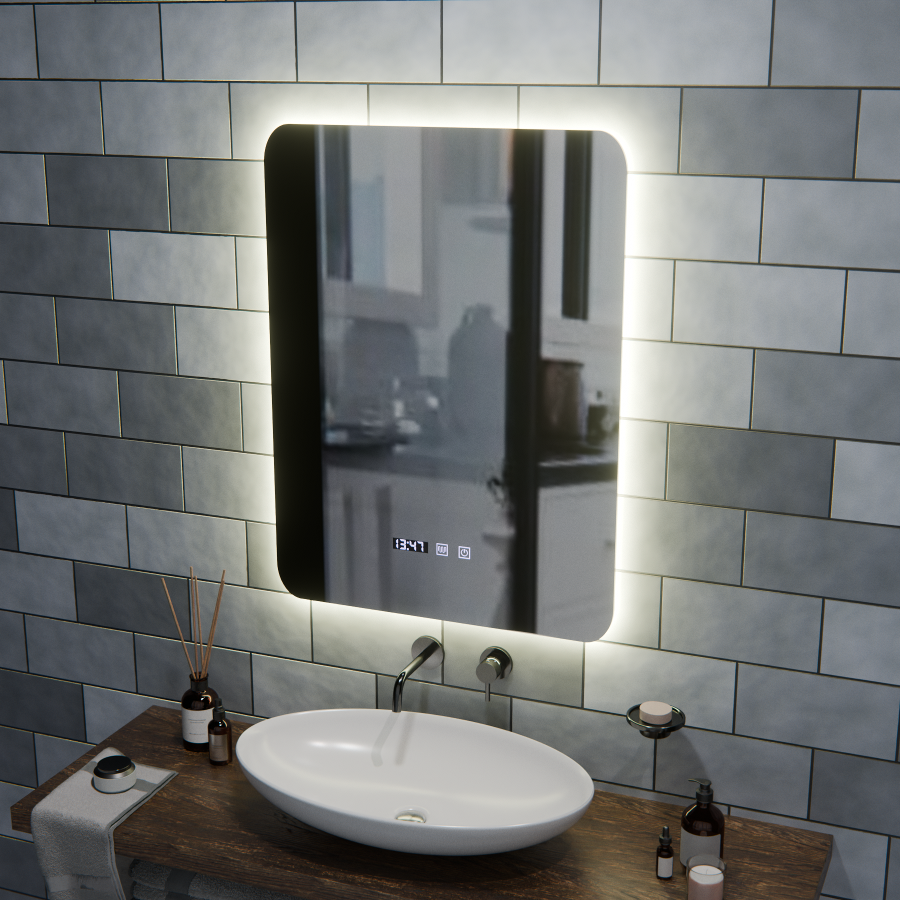 Oglinda LED Dreptunghiulara ARTAR Touch, 60X80cm, Sistem Dezaburire, Dimabila, Ceas si Temperatura, Lumina Calda Neutra Rece 3000K/4000K/6000K Oglinda Baie cu LED si Dezaburire Default Title Alessandro Design