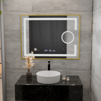 Oglinda LED Rectangulara, 80x60cm, Eclat MotionGlow Marcello, Sistem Dezaburire, Ceas & Termometru, Lupa Cosmetica, Dimabila, Rama Auriu Brushed Oglinzi Marcello Default Title Alessandro Design
