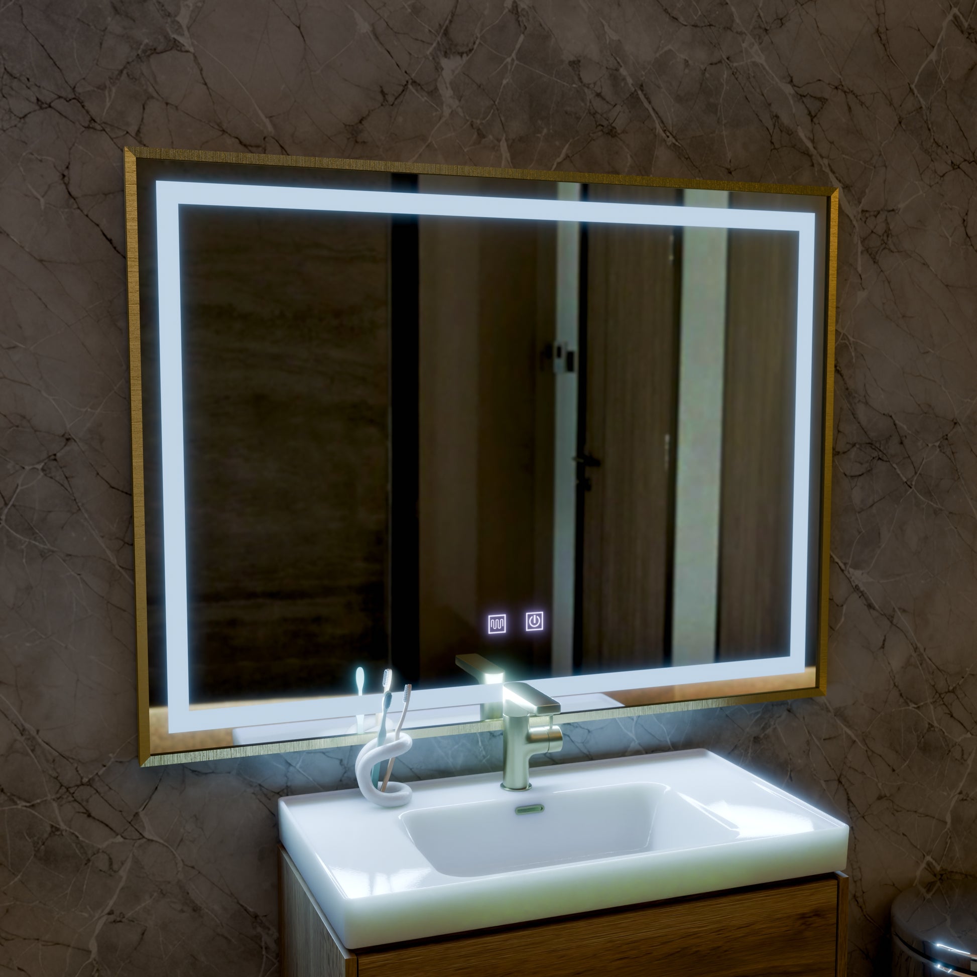 Oglinda LED Touch Kariri, 80x60 cm, functie Dezaburire, Rama Gold Rose Brushed Oglinzi Korman E Default Title Alessandro Design