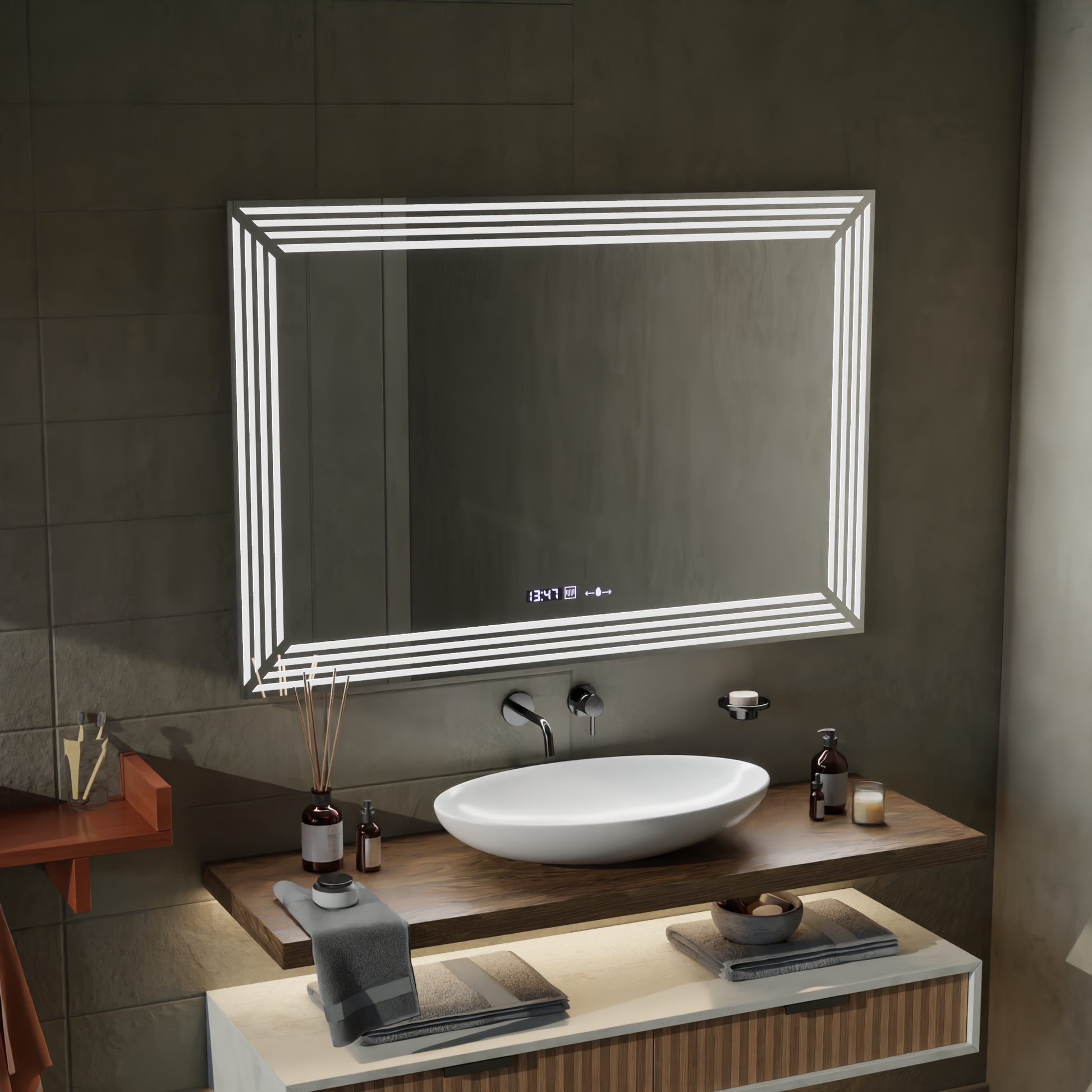 Oglinda LED Rectangulara, 120x80cm, Venezia Senzor MotionGlow Marcello, Sistem Dezaburire, Ceas & Termometru, Dimabila Oglinzi Marcello Default Title Alessandro Design